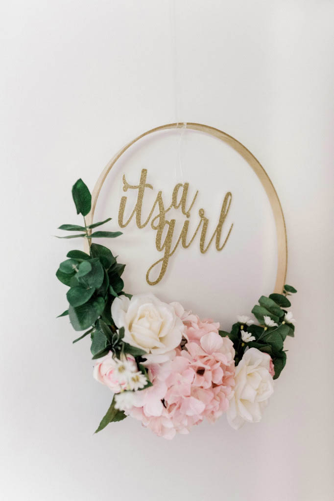 It's a Girl Embroidery Hoop Wreath  with Pink and White Flowers